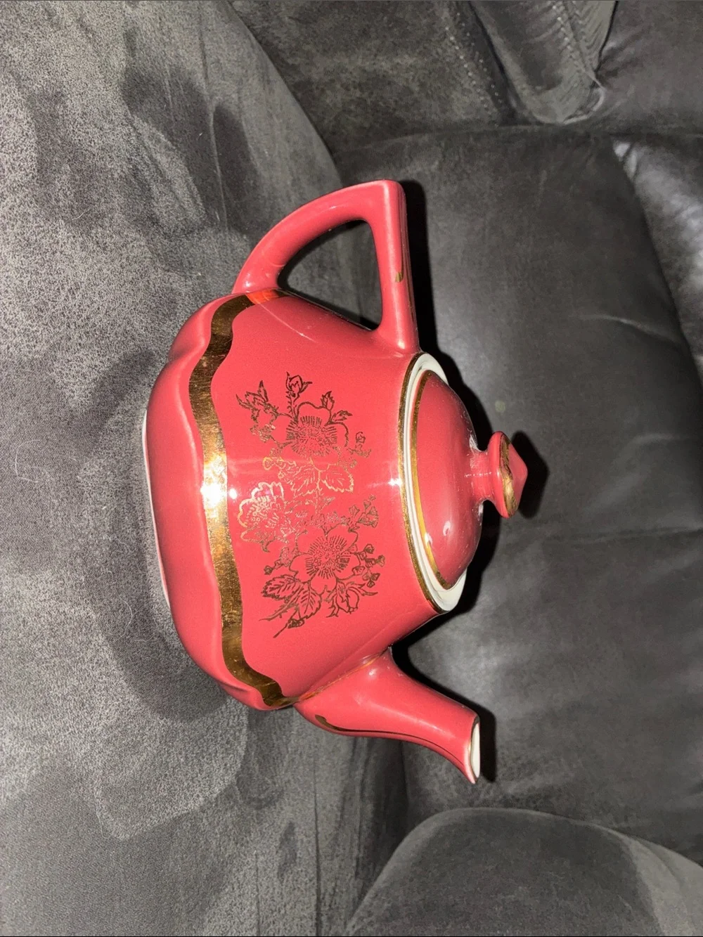 Coral Ceramic Teapot with Gold Accent and Floral Motif